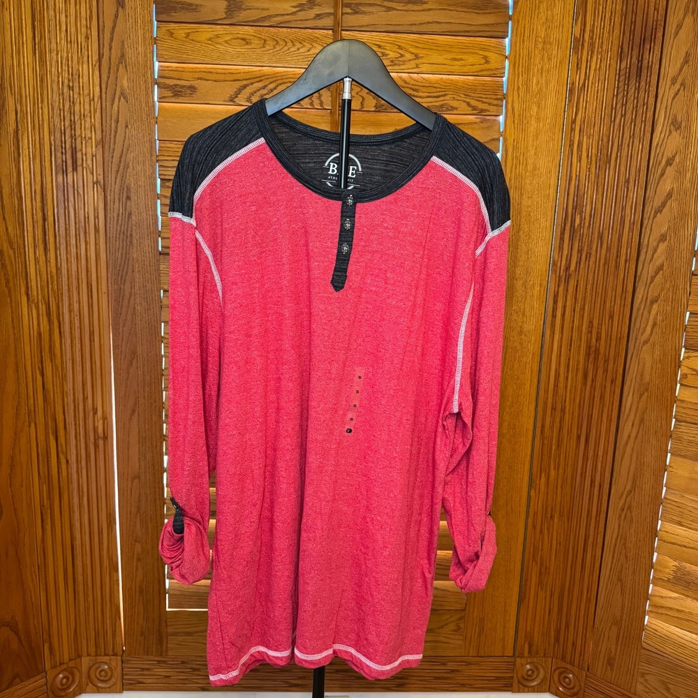 NWT BKE Newark Mcbling Y2K Mens XL Henley Shirt Red Charcoal Grey Long Sleeve